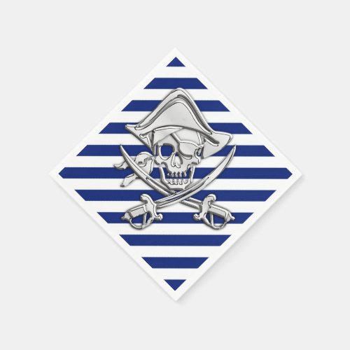 Chrome Pirate Nautical on Navy Stripes Print Napkins