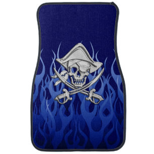 Chrome Pirate on Blue Flames Print Car Floor Mat