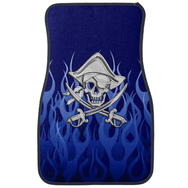 Chrome Pirate on Blue Flames Print Car Floor Mat (Front)
