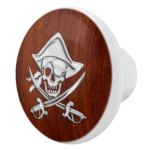 Chrome Pirate on Nautical Mahogany Grain Print Ceramic Knob