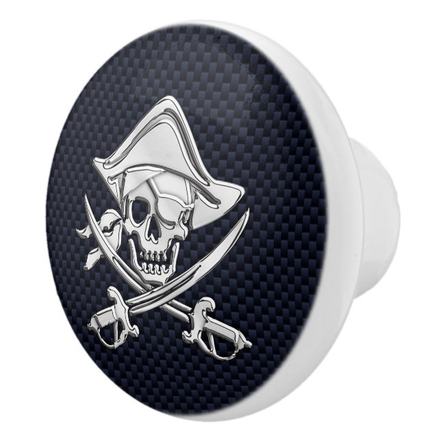Chrome Pirate on Nautical Navy Carbon Fiber Print Ceramic Knob (Right)