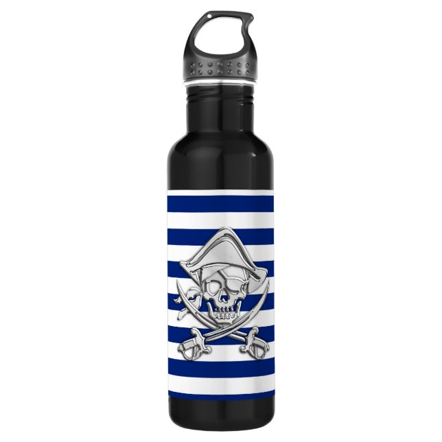 Chrome Pirate on Nautical Stripes Stainless Steel Water Bottle (Front)