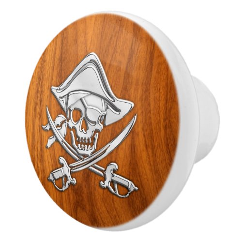 Chrome Pirate on Nautical Teak Wood Grain Print Ceramic Knob