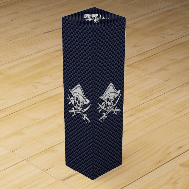 Chrome Pirate Skull on Carbon Fiber Print Wine Gift Box (Front)