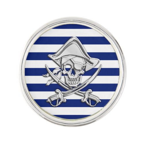 Chrome Pirate Skull on Navy Stripes Print Lapel Pin