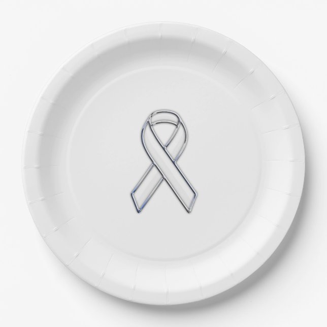 Chrome Print Belted White Ribbon Awareness Paper Plates (Front)