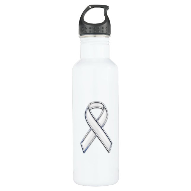 Chrome Print Belted White Ribbon Awareness Water Bottle (Front)