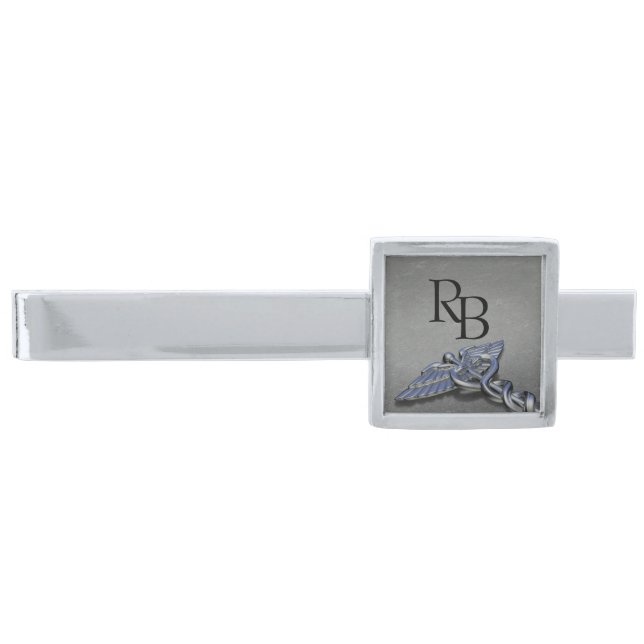 Chrome Professional Medical Caduceus Monogram Silver Finish Tie Bar (Front)