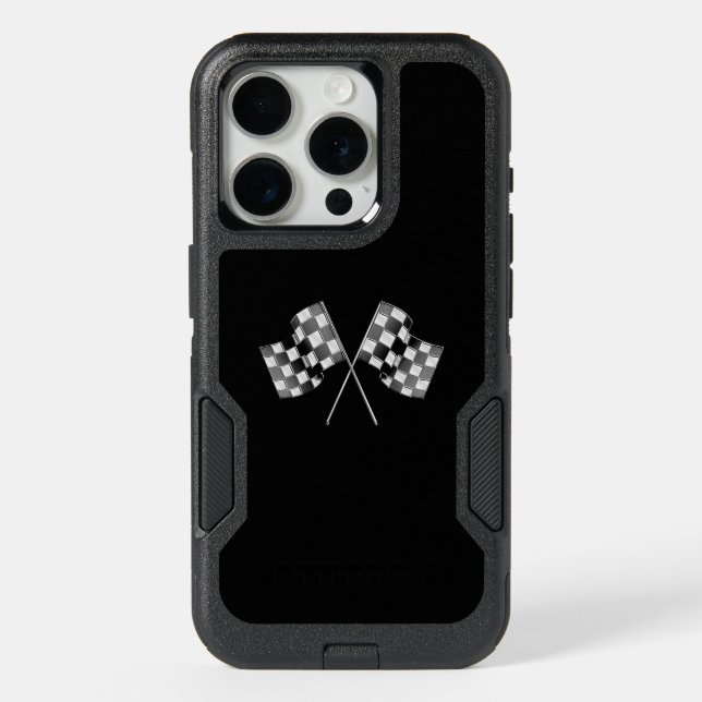 Chrome Racing Flags on Black iPhone 15 Pro Case (Back)