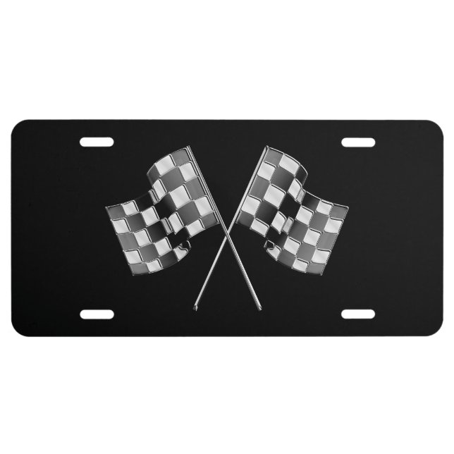 Chrome Racing Flags on Black License Plate (Front)