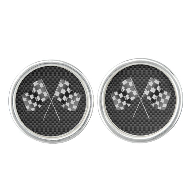 Chrome Racing Flags on Carbon Fiber Print Cufflinks (Front)