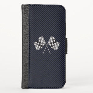 Chrome Racing Flags on Carbon Fiber Print iPhone X Wallet Case