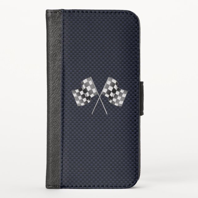 Chrome Racing Flags on Carbon Fiber Print iPhone Wallet Case (Front)