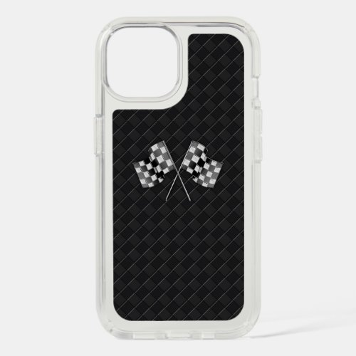 Chrome Racing Flags on Checkered Leather Print iPhone 15 Case
