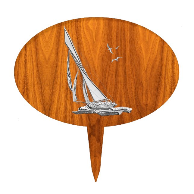 Chrome Regatta Sailboat on Teak Veneer Styles Cake Topper (Front)