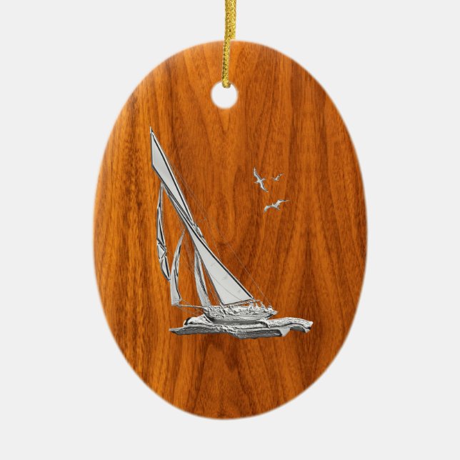 Chrome Regatta Sailboat on Teak Veneer Styles Ceramic Ornament (Front)
