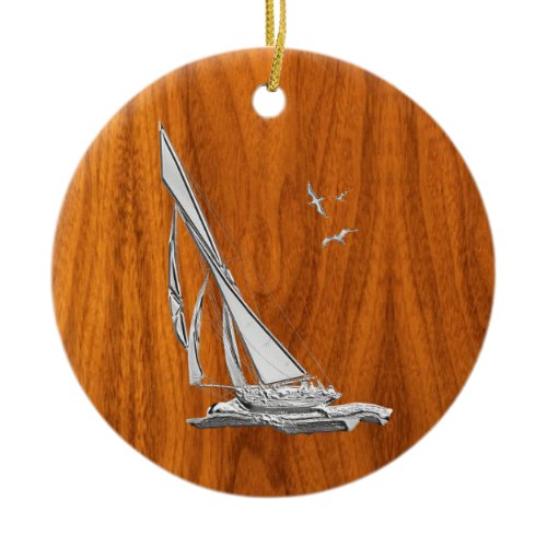 Chrome Regatta Sailboat on Teak Veneer Styles Ceramic Ornament