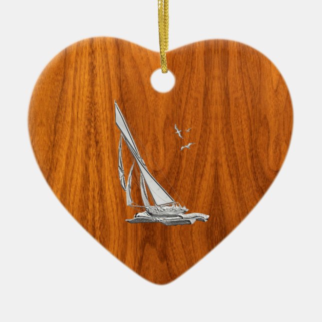 Chrome Regatta Sailboat on Teak Veneer Styles Ceramic Ornament (Front)