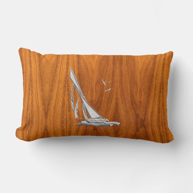 Chrome Regatta Sailboat on Teak Veneer Styles Lumbar Pillow (Front)
