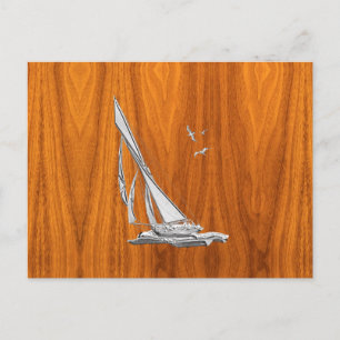 Chrome Regatta Sailboat on Teak Veneer Styles Postcard