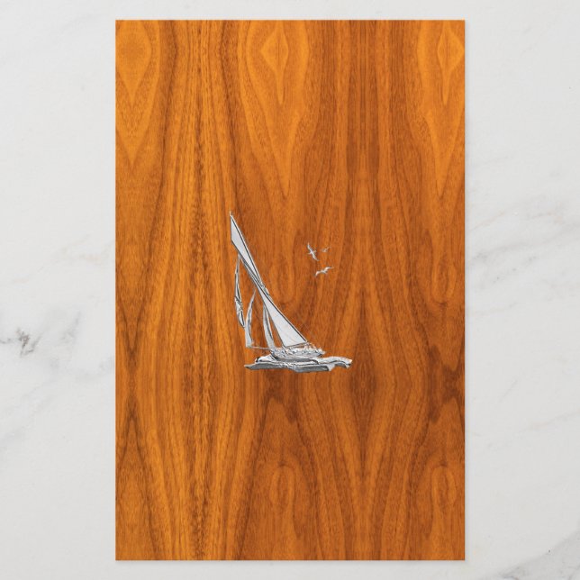 Chrome Regatta Sailboat on Teak Veneer Styles Stationery (Front)