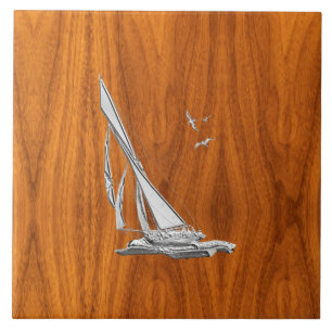 Chrome Regatta Sailboat on Teak Veneer Styles Tile