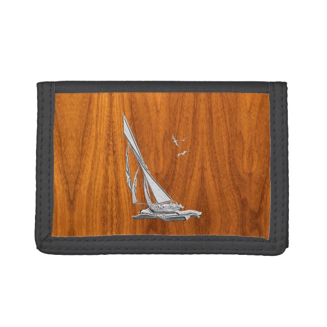 Chrome Regatta Sailboat on Teak Veneer Styles Trifold Wallet (Front)