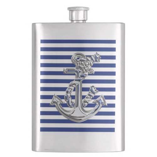 Chrome Rope Anchor Nautical on Navy Stripes Print Hip Flask