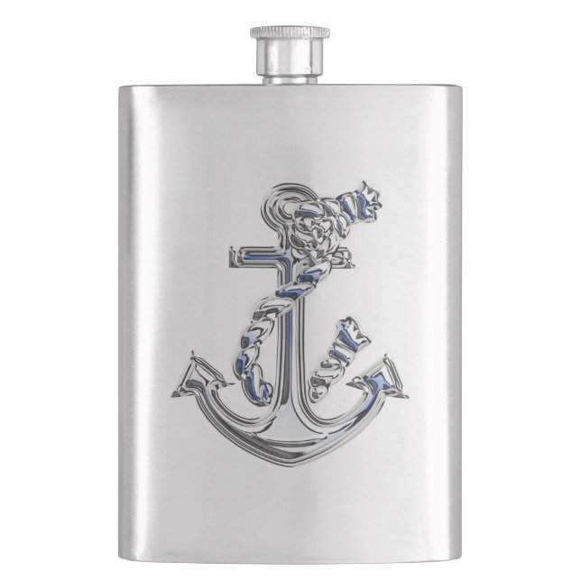 Chrome Rope Anchor Nautical Print Hip Flask (Front)