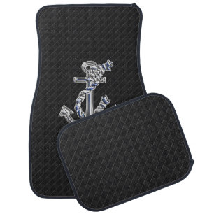 Chrome Rope Anchor on Black Checkers Print Car Mat