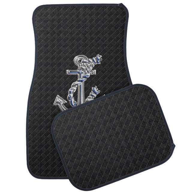 Chrome Rope Anchor on Black Checkers Print Car Mat (Set)