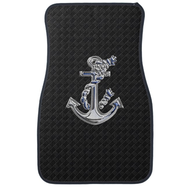 Chrome Rope Anchor on Black Checkers Print Car Mat (Front)
