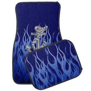 Chrome Rope Anchor on Blue Flames Print Car Floor Mat