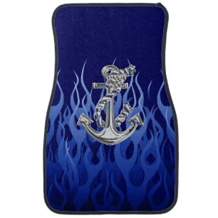 Chrome Rope Anchor on Blue Flames Print Car Floor Mat