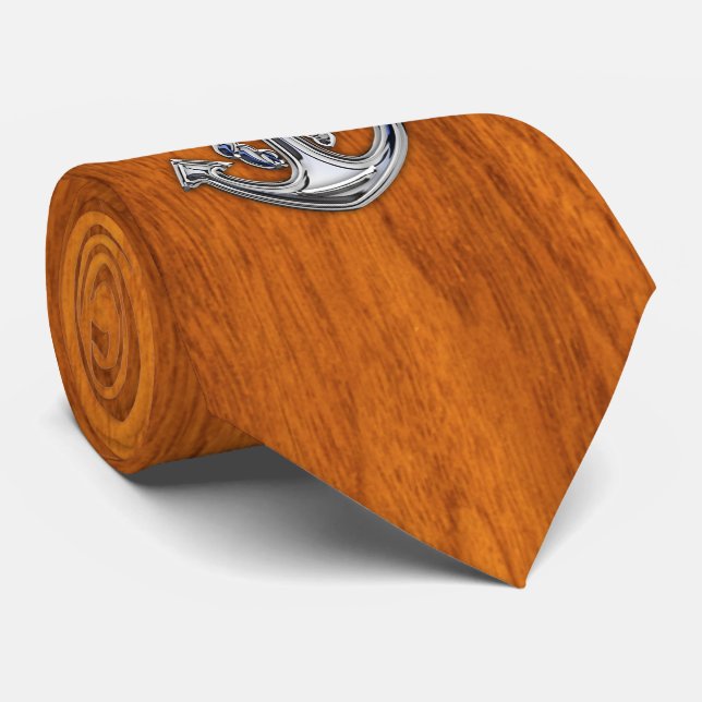 Chrome Rope Anchor on nautical Teak Veneer print Tie (Rolled)
