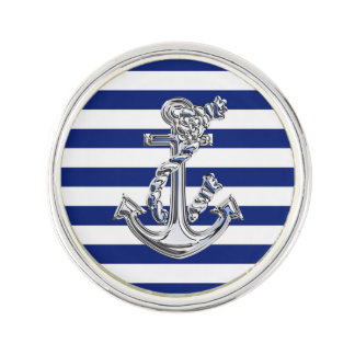 Chrome Rope Anchor on Navy Stripes Print Pin