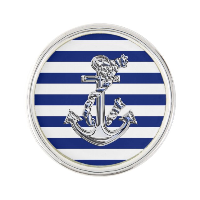Chrome Rope Anchor on Navy Stripes Print Pin (Front)