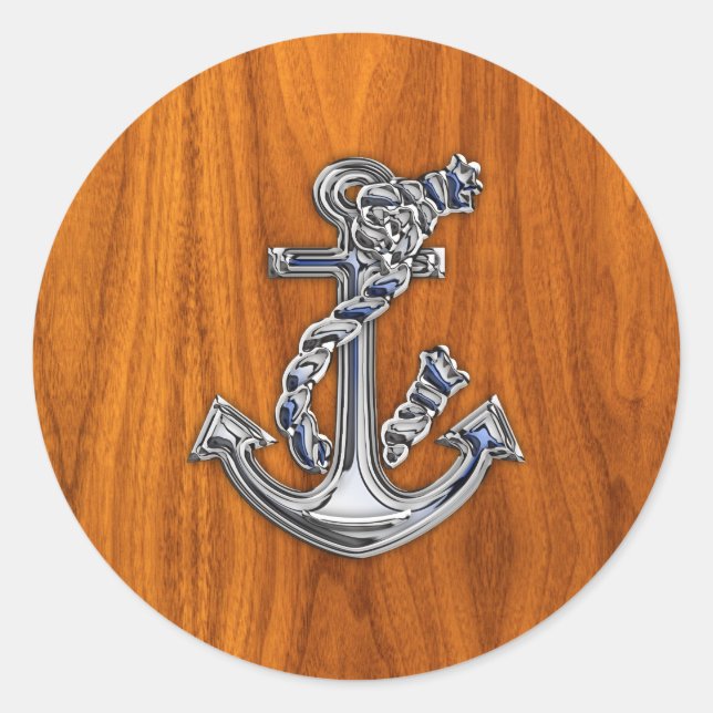 Chrome Rope Anchor on Teak Veneer Classic Round Sticker (Front)
