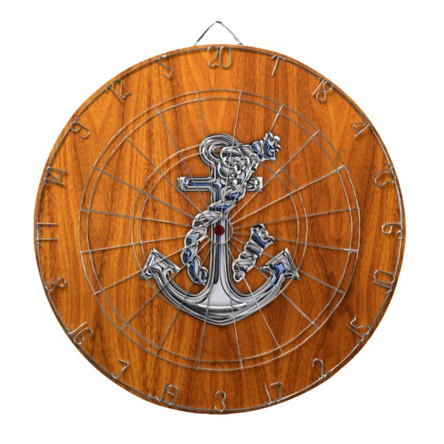Chrome Rope Anchor on Teak Veneer Dart Board (Front)