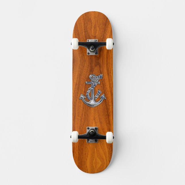 Chrome Rope Anchor on Teak Veneer Skateboard Deck (Front)