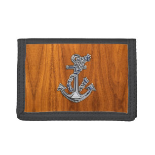 Chrome Rope Anchor on Teak Veneer Tri-fold Wallet