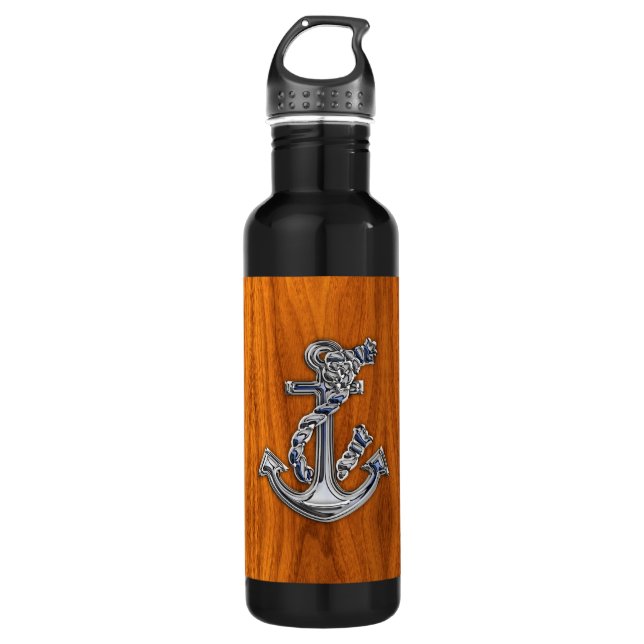 Chrome Rope Anchor on Teak Veneer Water Bottle (Front)