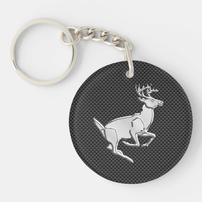 Chrome Running Deer on Carbon Fiber Decor Keychain (Front)