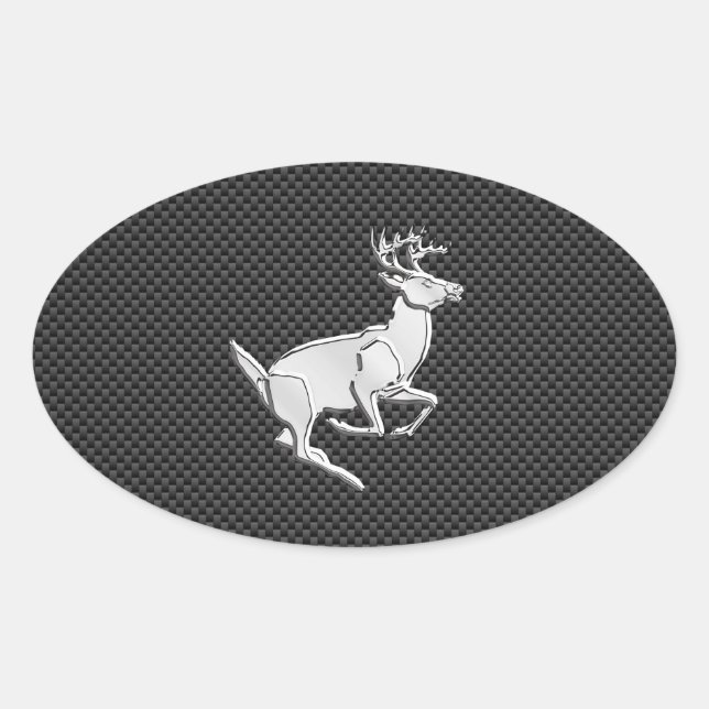 Chrome Running Deer on Carbon Fiber Decor Oval Sticker (Front)