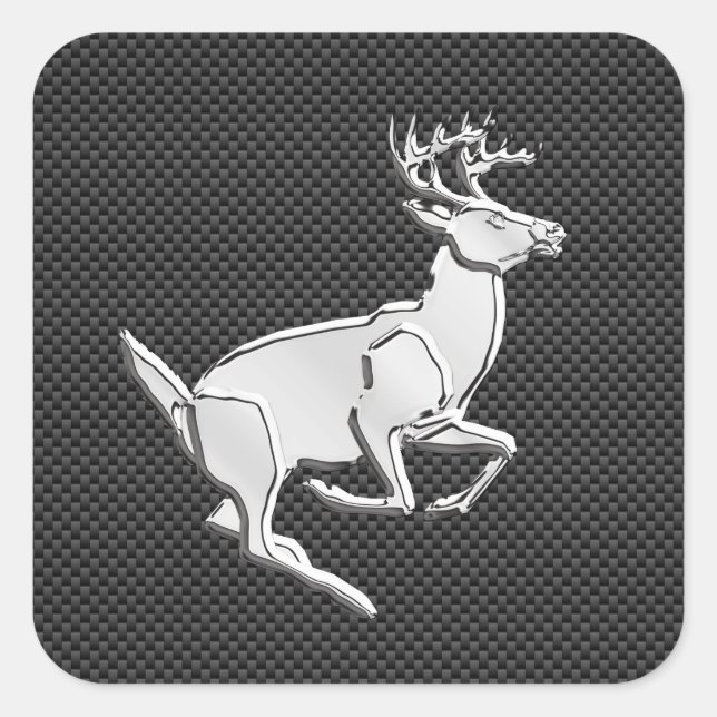 Chrome Running Deer on Carbon Fiber Decor Square Sticker (Front)