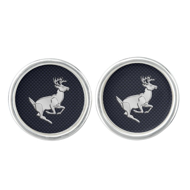 Chrome Running Deer on Carbon Fiber Print Cufflinks (Front)