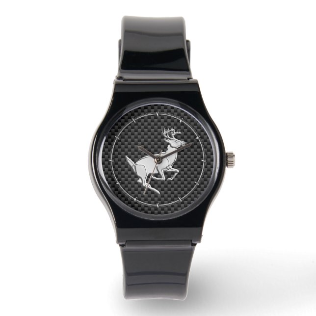 Chrome Running Deer on Carbon Fiber Print Watch (Front)