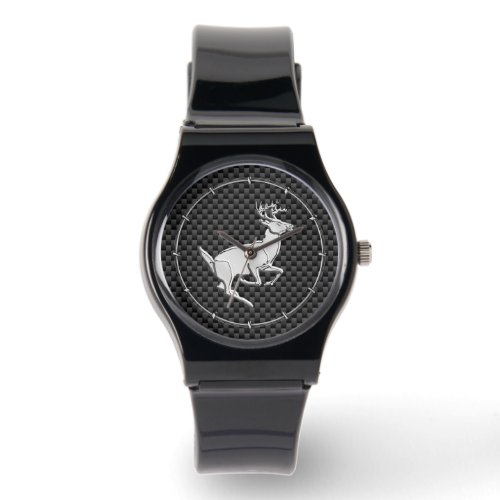 Chrome Running Deer on Carbon Fibre Print Watch