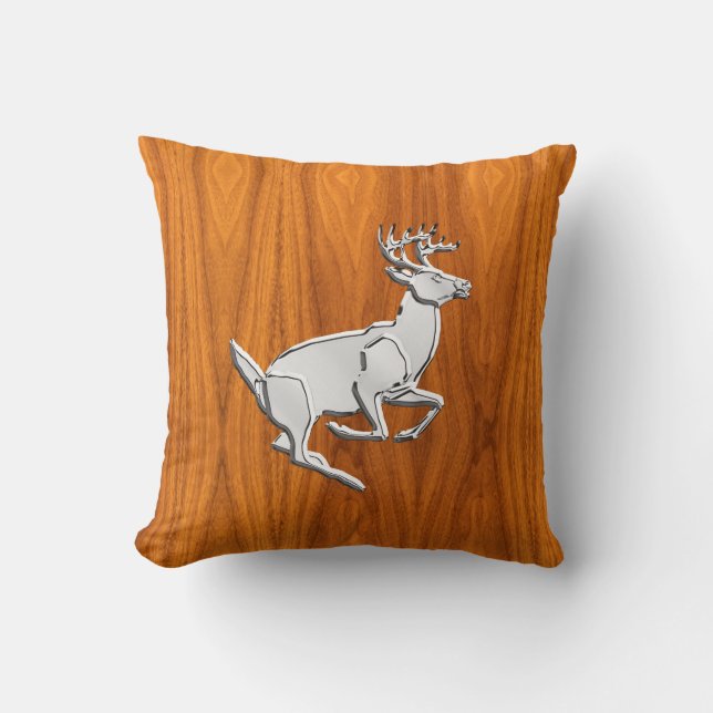 Chrome Running Deer on Fine Teak Print Throw Pillow (Front)
