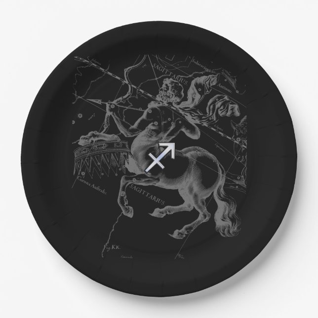 Chrome Sagittarius Zodiac Sign on Hevelius Decor Paper Plates (Front)